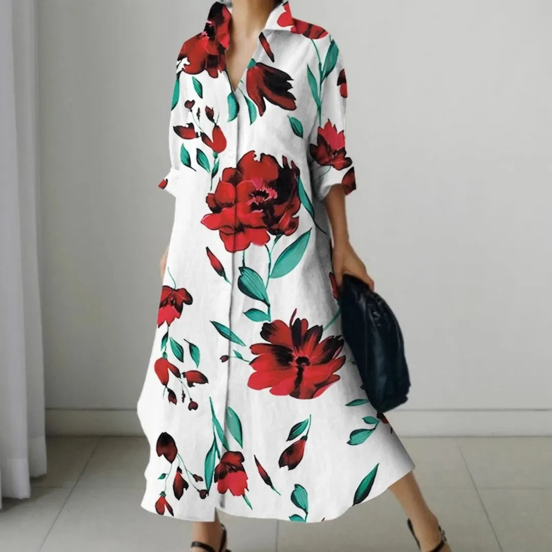 Damenkleid mit rotem Blumenmuster, knielang, aus leichtem Stoff. Perfekt für Sommermode, Freizeitkleidung und stilvolle Outfits.