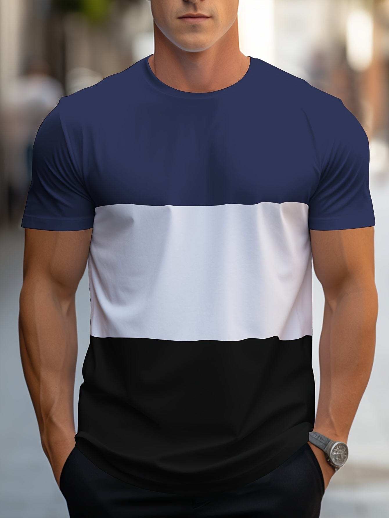 Mann im dreifarbigen T-Shirt, blau-weiß-schwarz, modisch, lässig, auf Straße.