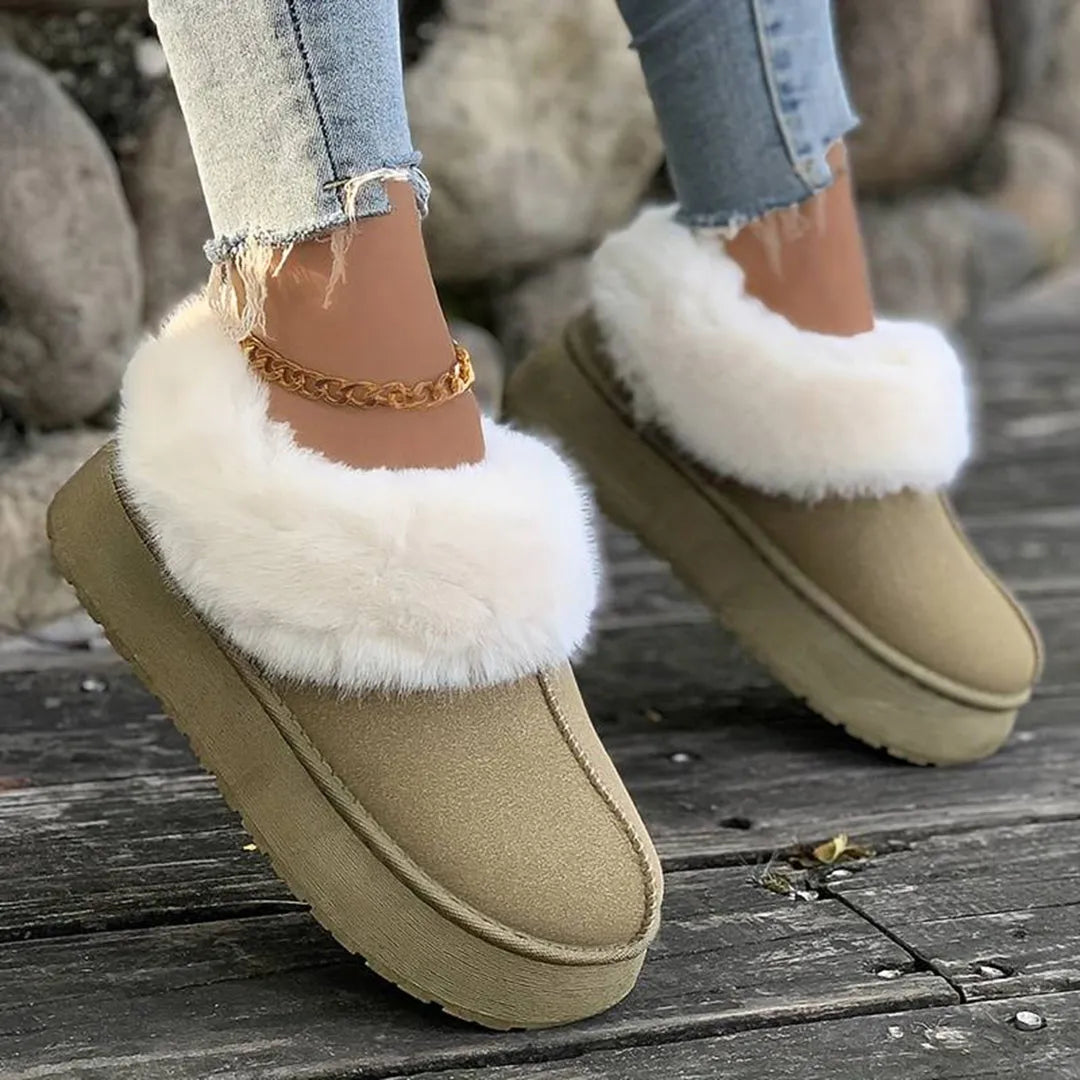 Damen-Winterstiefel in Armeegrün mit flauschigem Kunstfell, rutschfeste Sohle. Perfekt für kalte Tage. Modische, warme Schuhe für Damen.