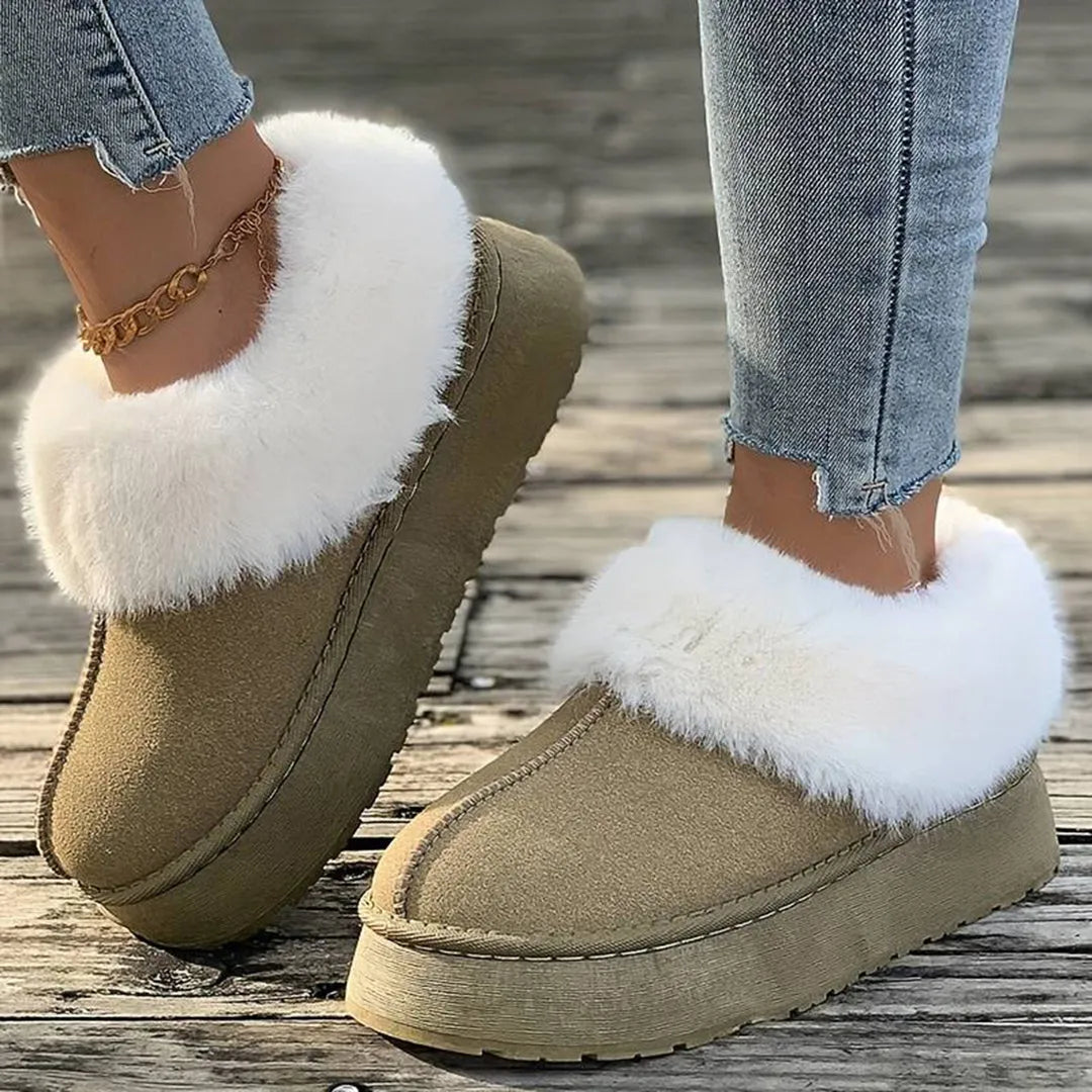 Damen-Winterstiefel in Armeegrün mit weißem Kunstfell, rutschfeste Sohle, warm gefüttert, ideal für kalte Tage, modisch und bequem.