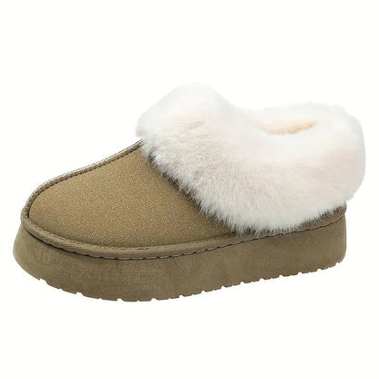 Damen Hausschuh in Armeegrün mit flauschigem, weißem Kunstfellfutter. Bequeme, warme Pantoffeln für den Winter. Ideal für Zuhause.