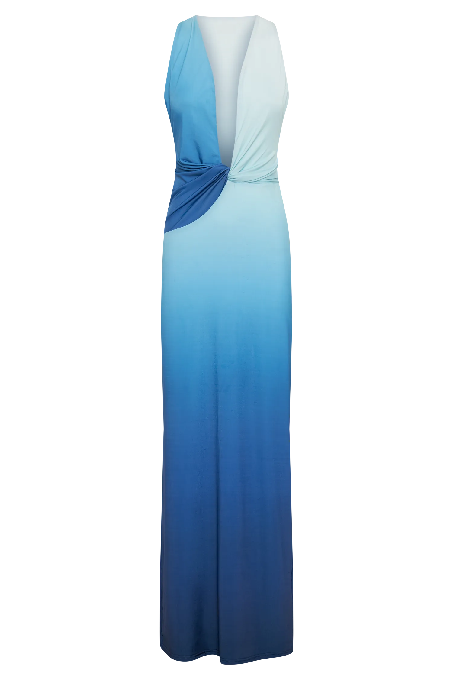 Ärmelloses Maxikleid in Blau-Gradient, tiefem V-Ausschnitt und drapiertem Design. Perfekt für Sommermode, elegante Abendgarderobe, Strandkleidung.