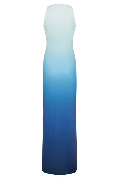 Ärmelloses Maxikleid in Blau-Verlauf, elegantes Design, ideal für Sommermode. Perfekt für Abendveranstaltungen und stilvolle Anlässe.