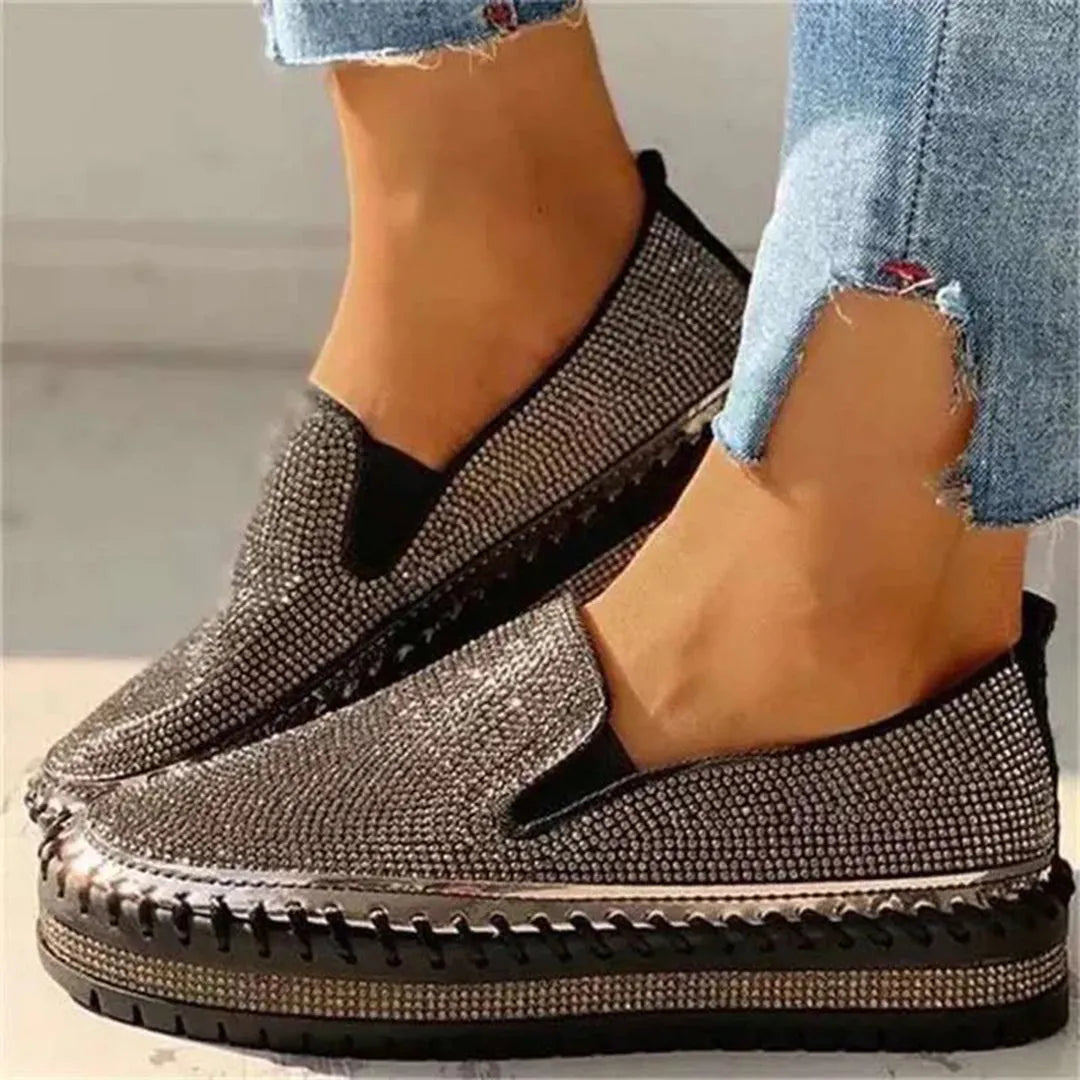 Damen-Slipper mit Strasssteinen, glitzernd, modisch, bequem, ideal für Freizeit und Party. Perfekt kombinierbar mit Jeans und lässigem Look.