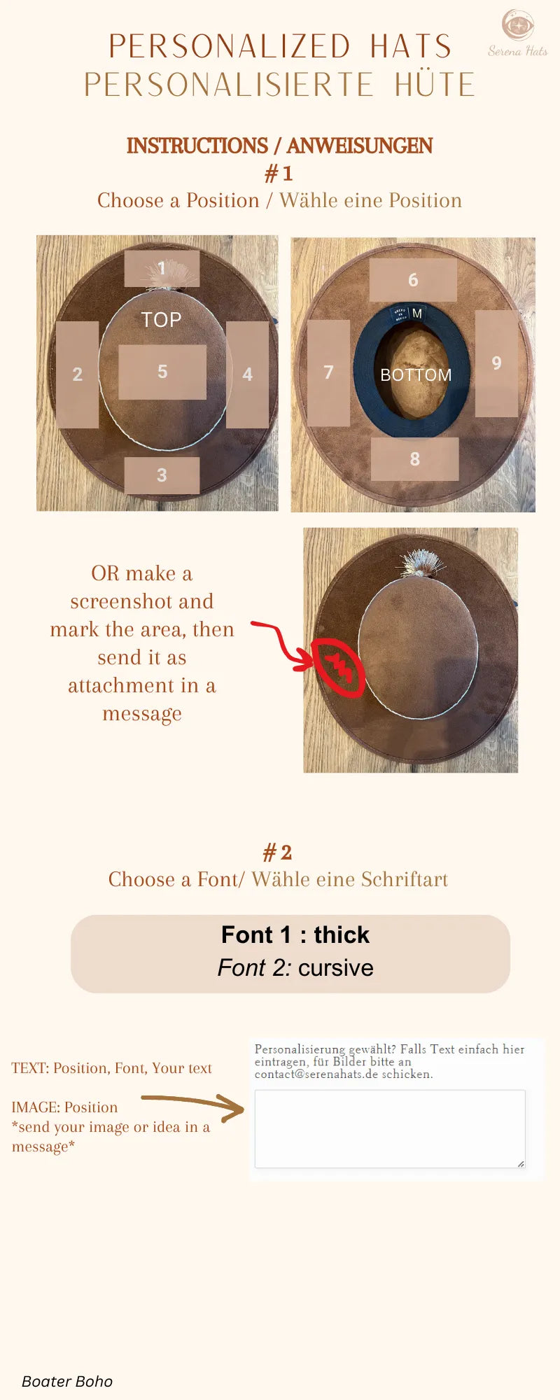 Personalisierter Strohhut mit Boho-Design, ideal für Sommer und Strand. Wählen Sie Position und Schriftart für individuelle Anpassung.