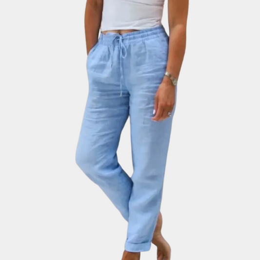Damen Leinenhose hellblau, lässig, bequem, Sommermode, elastischer Bund, Taschen.