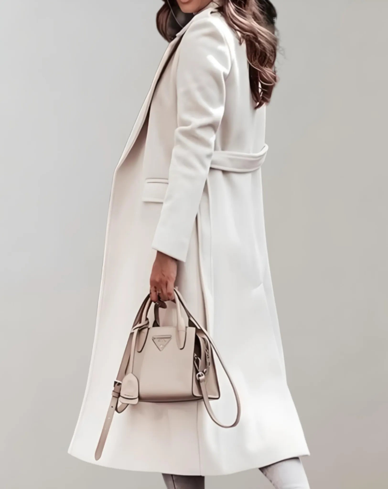 Eleganter weißer Damenmantel, kombiniert mit stilvoller beiger Handtasche. Perfekt für modische Herbst- und Winteroutfits. Hochwertige Materialien.