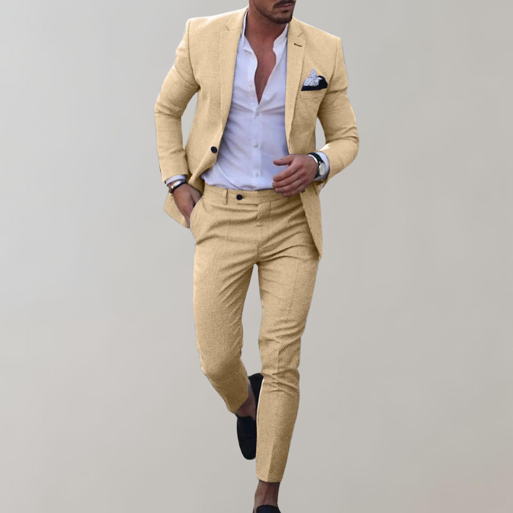 Herrenanzug in Gelb mit Blazer und Hose, stilvoll und modern. Perfekt für Business und Freizeit. Eleganter Look, trendige Herrenmode.