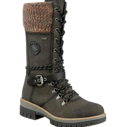 Damen-Winterstiefel, grün, mit Strickkragen, Schnürung und Schnalle. Robuste Sohle, ideal für kalte Tage. Modisch und funktional.
