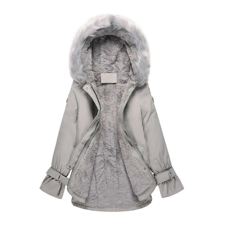 Damen Winterjacke mit Kapuze, graue Farbe, Kunstfellfutter, warm und stilvoll, ideal für kalte Tage, modische Outdoor-Bekleidung.