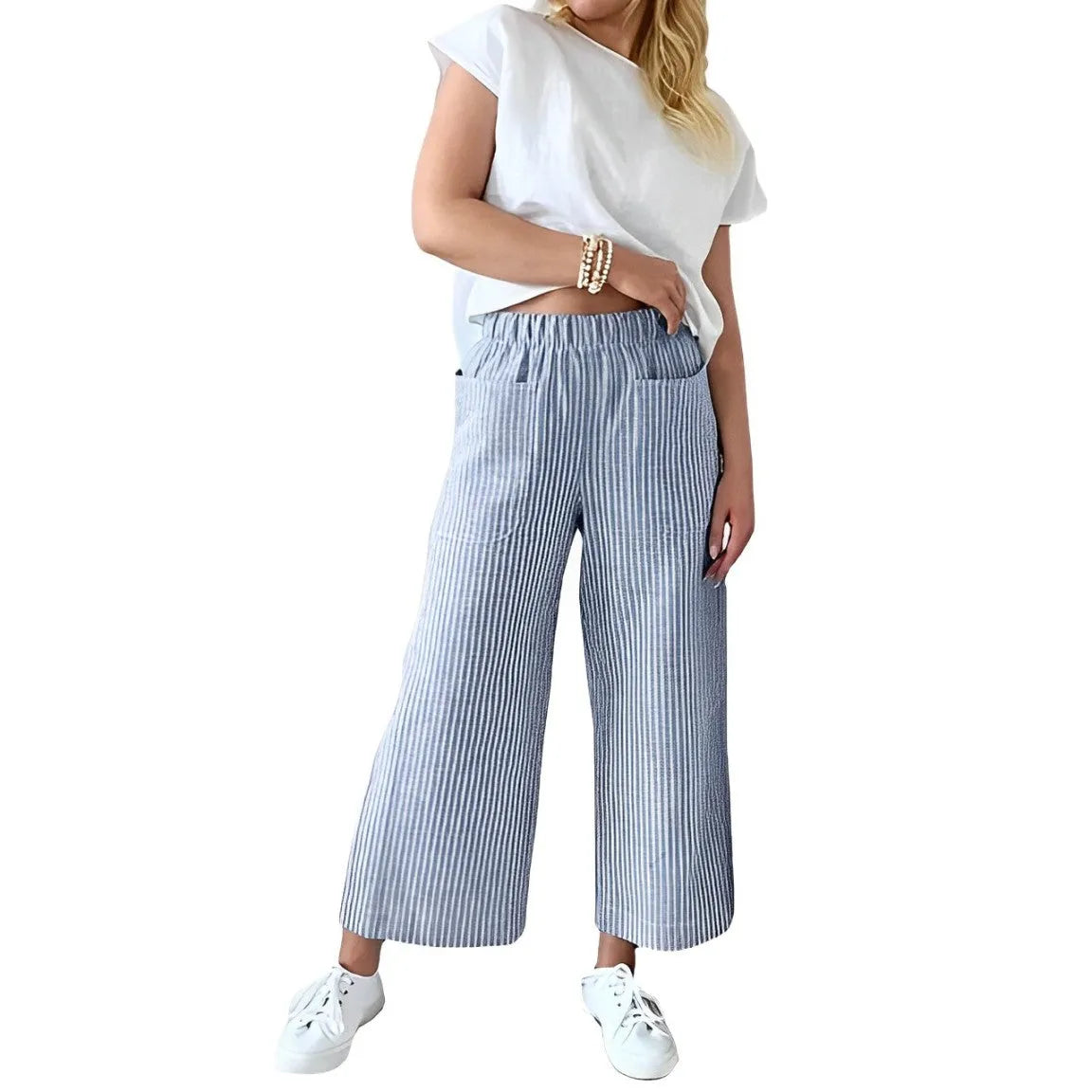 Damenhose aus Baumwolle-Leinen, gestreift, elastischer Bund, lässiger Schnitt, ideal für Sommermode, bequem und stilvoll.