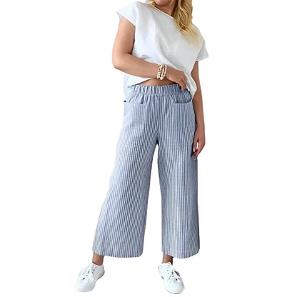 Damenhose aus Baumwolle-Leinen, gestreift, elastischer Bund, lässiger Schnitt, ideal für Sommermode, bequem und stilvoll.