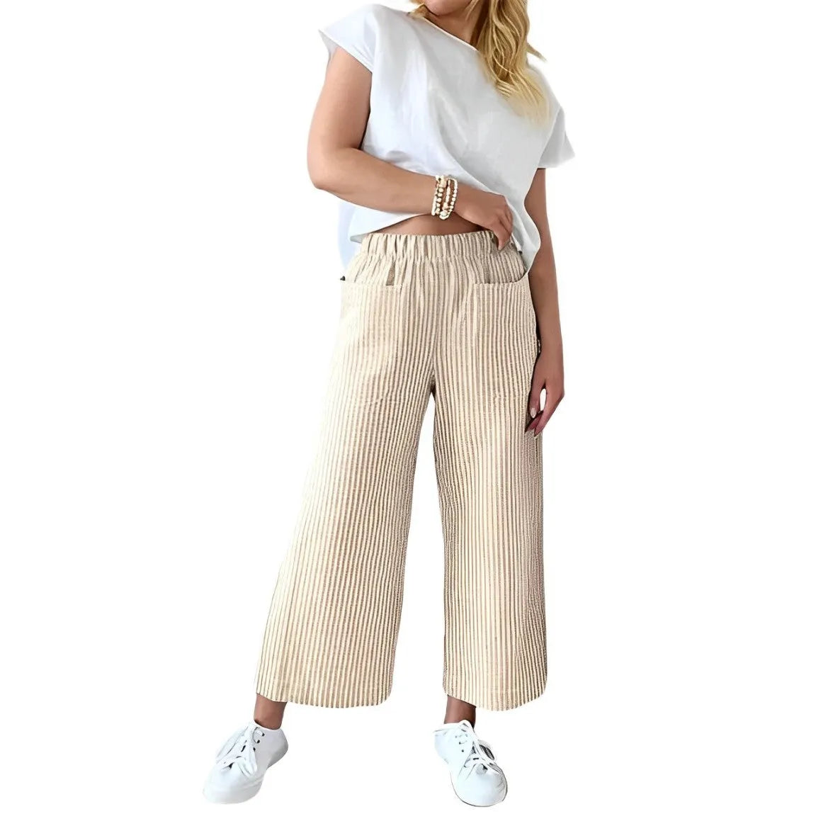 Damenhose mit elastischem Bund, gestreiftem Print, aus Baumwoll-Leinen, lässig und weit geschnitten. Perfekt für Freizeitmode und Komfort.