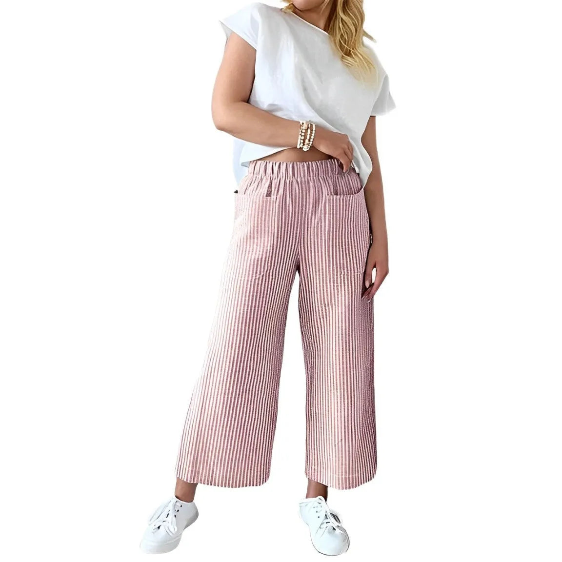 Damenhose mit elastischem Bund, gestreiftem Print, aus Baumwoll-Leinen, lässig und locker geschnitten. Perfekt für Freizeit und Sommermode.