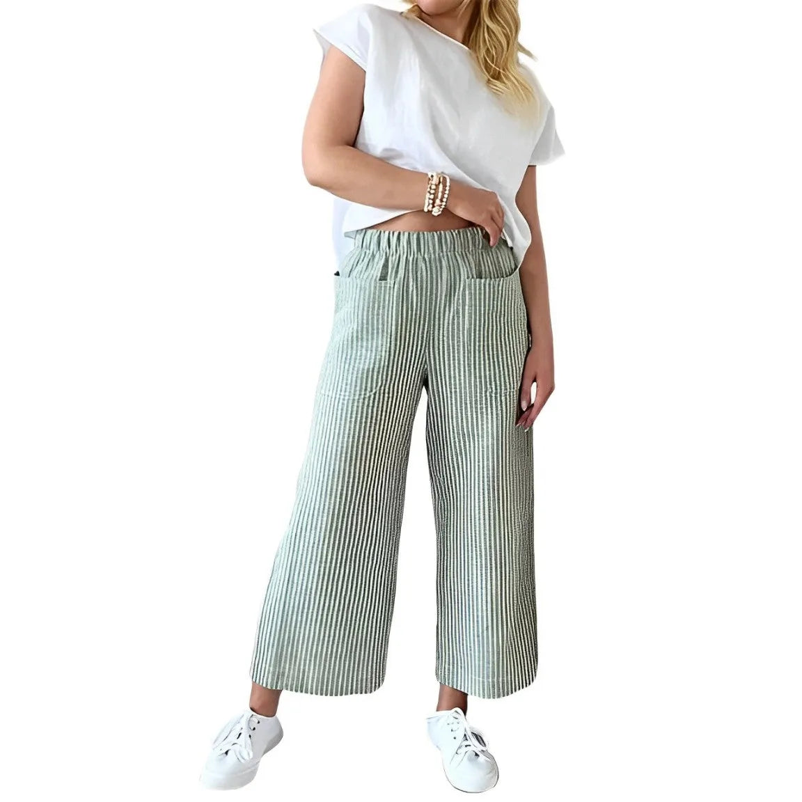 Damenhose mit elastischem Bund, gestreiftem Print, aus Baumwoll-Leinen, lässig und locker geschnitten. Perfekt für Freizeit und Sommermode.