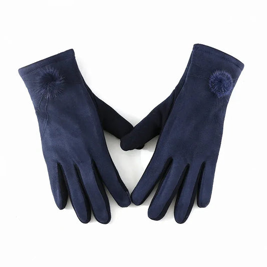 Damenhandschuhe aus dunkelblauem Wildleder mit Kunstfell-Detail, elegant und warm, ideal für Wintermode und stilvolle Accessoires.