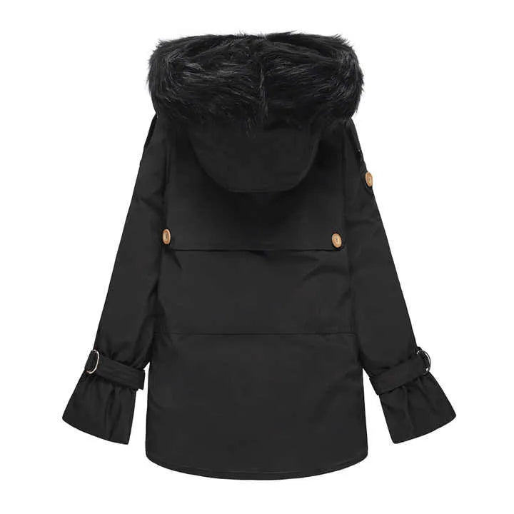 Schwarzer Wintermantel mit Kapuze und Kunstfellbesatz, elegantes Design, warme Damenbekleidung, ideal für kalte Tage, modischer Look.