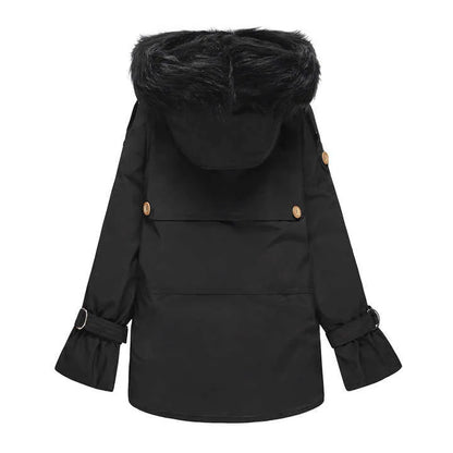 Schwarzer Wintermantel mit Kapuze und Kunstfellbesatz, elegantes Design, warme Damenbekleidung, ideal für kalte Tage, modischer Look.