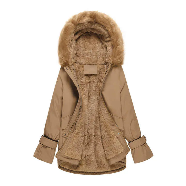 Damen Winterjacke mit Kapuze, warm gefüttert, beige, modisch und funktional. Perfekt für kalte Tage. Hochwertige Materialien, stilvoller Look.