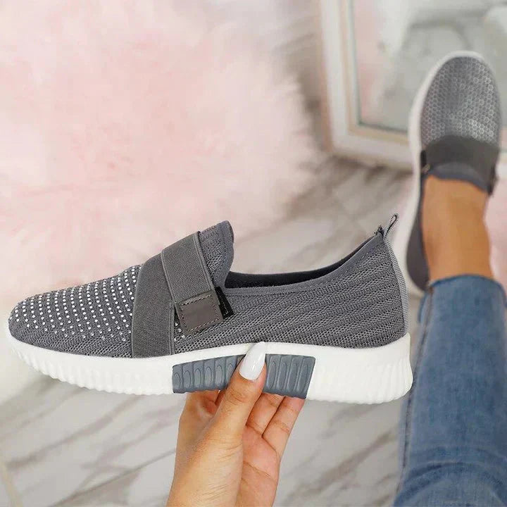 Graue Damen-Sneaker mit Klettverschluss, rutschfest, atmungsaktiv, bequem, für besseren Halt.