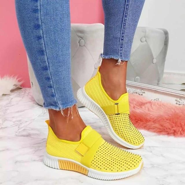 Gelbe Damen-Sneaker mit Klettverschluss, atmungsaktiv, verbessern Gehhaltung, modisch.