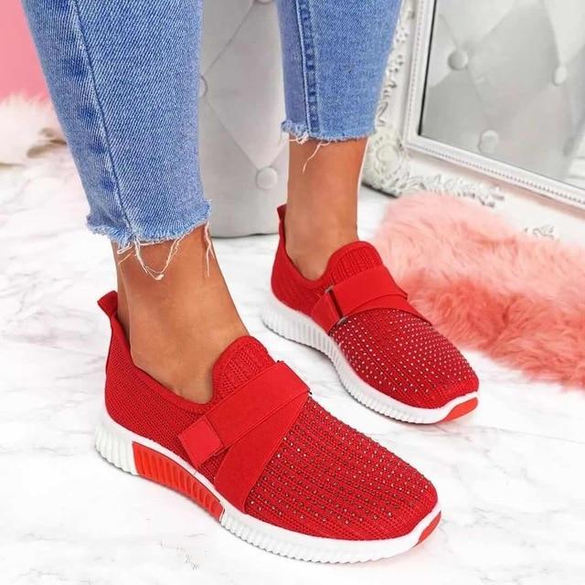 Rote Damen-Sneaker mit Klettverschluss, Strickmaterial, verbessern Gehhaltung, modisch, bequem.