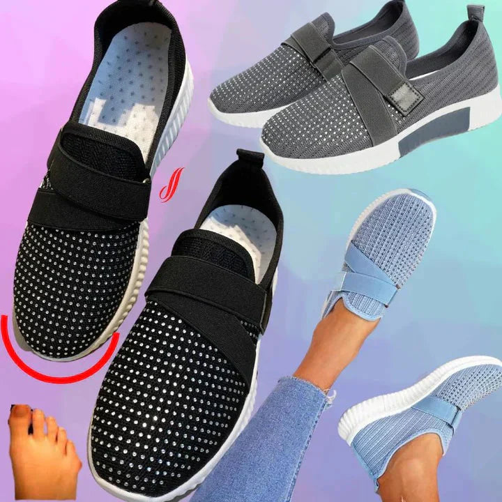 Damen Slip-On Sneaker mit Klettverschluss, schwarz und blau, atmungsaktiv, rutschfest.