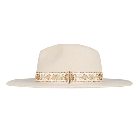 Kooringal Fedora-Hut, breiter Rand, beige, mit goldener Verzierung, stilvoller Damenhut.