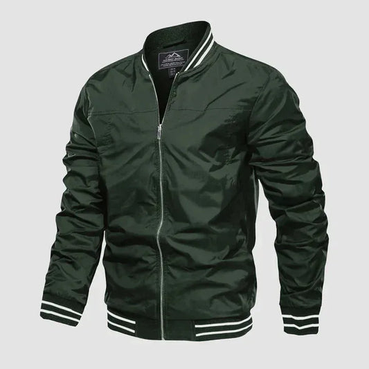 Leichte Herren-Windjacke, winddicht, Bomber-Stil, dunkelgrün, mit Reißverschluss und gestreiften Bündchen. Ideal für Freizeit und Outdoor.