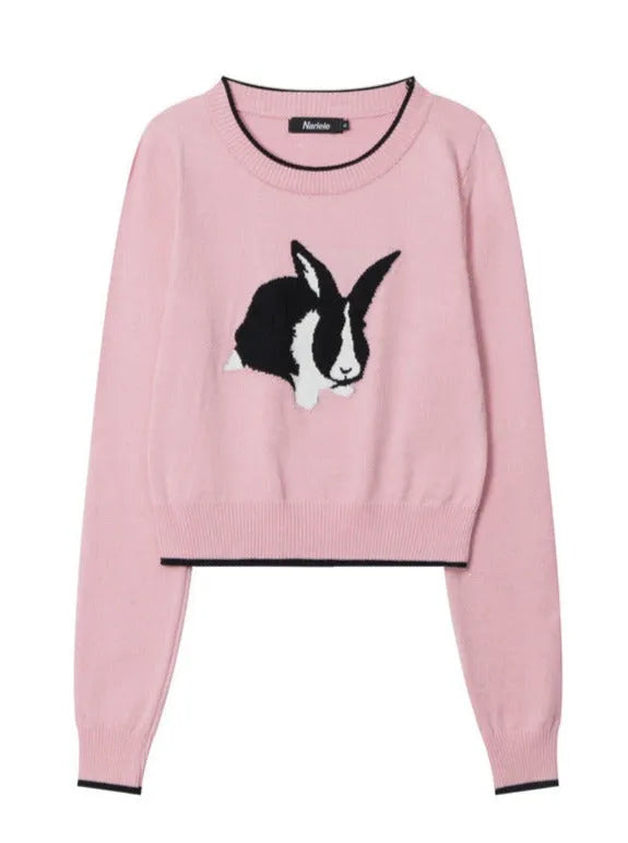 Rosa Pullover mit Hasenmotiv, Damenmode, weicher Strick, trendiger Look, ideal für Herbst und Winter, stilvolles Design, bequem und warm.