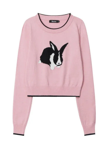 Rosa Pullover mit Hasenmotiv, Damenmode, weicher Strick, trendiger Look, ideal für Herbst und Winter, stilvolles Design, bequem und warm.
