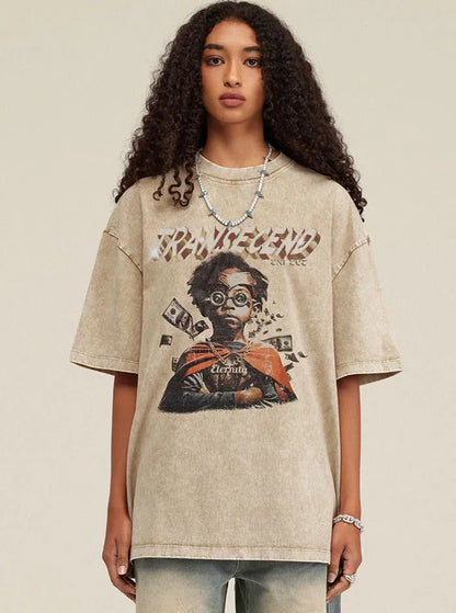 Damen-T-Shirt mit Grafikdruck, lässiger Oversize-Stil, Baumwolle, modisches Design, ideal für Streetwear und trendige Outfits.