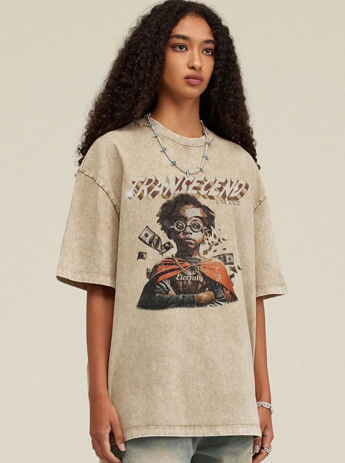 Damen-T-Shirt mit Grafikdruck, lässiger Stil, Baumwolle, Oversize-Passform, modisches Design, ideal für Streetwear und Freizeitmode.