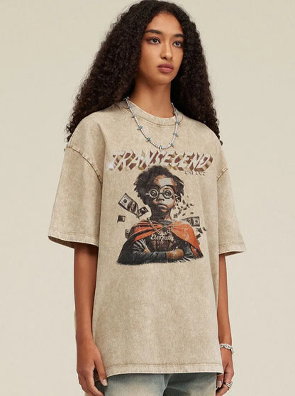Damen-T-Shirt mit Grafikdruck, lässiger Stil, Baumwolle, Oversize-Passform, modisches Design, ideal für Streetwear und Freizeitmode.