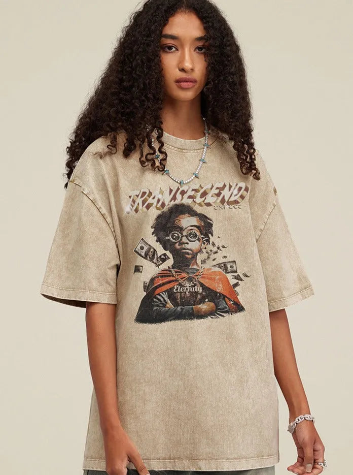 Damen-T-Shirt mit Grafikdruck, lässiger Stil, beige, Baumwolle, modisches Design, ideal für Streetwear und Freizeitmode.