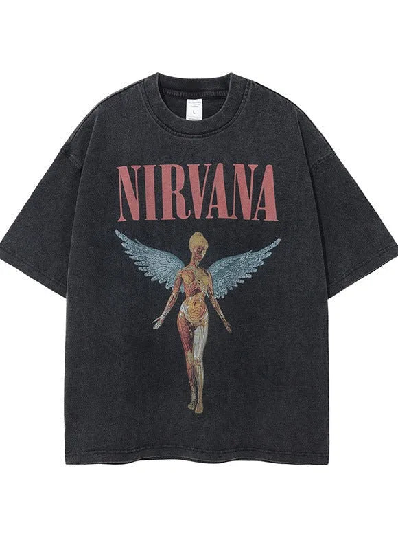 Schwarzes Nirvana T-Shirt mit anatomischem Engelsmotiv, Unisex, Baumwolle, Vintage-Stil, ideal für Rockmusik-Fans und Streetwear-Liebhaber.