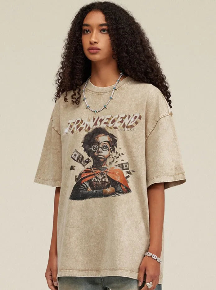 Damen T-Shirt mit Grafikdruck "Transcend", lässiger Oversize-Stil, beige, Baumwolle, ideal für Streetwear und modische Freizeitlooks.
