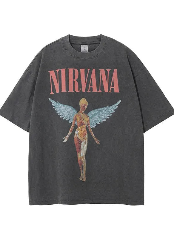 Nirvana T-Shirt mit Engel-Design, Vintage-Stil, Unisex, Baumwolle, Schwarz. Perfekt für Rockmusik-Fans und Retro-Mode-Liebhaber.