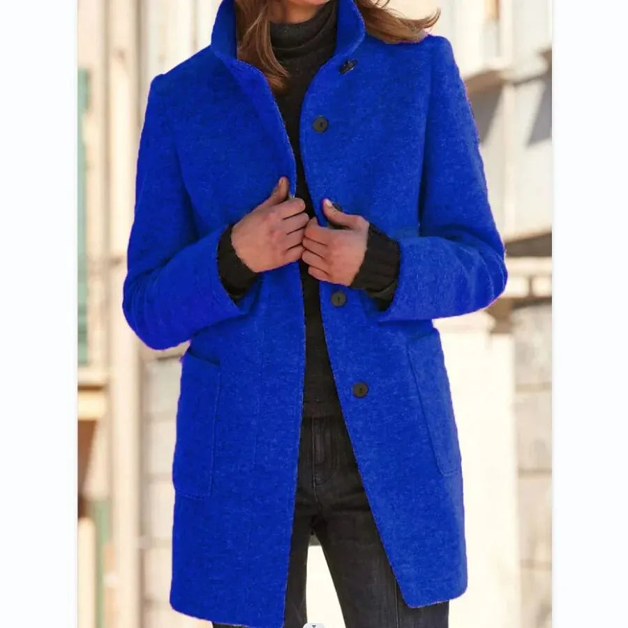 Damen-Wollmantel in Blau, Vintage-Stil, mit Stehkragen und Knöpfen. Perfekt für Herbst/Winter. Modischer, lässiger Look für Frauen.