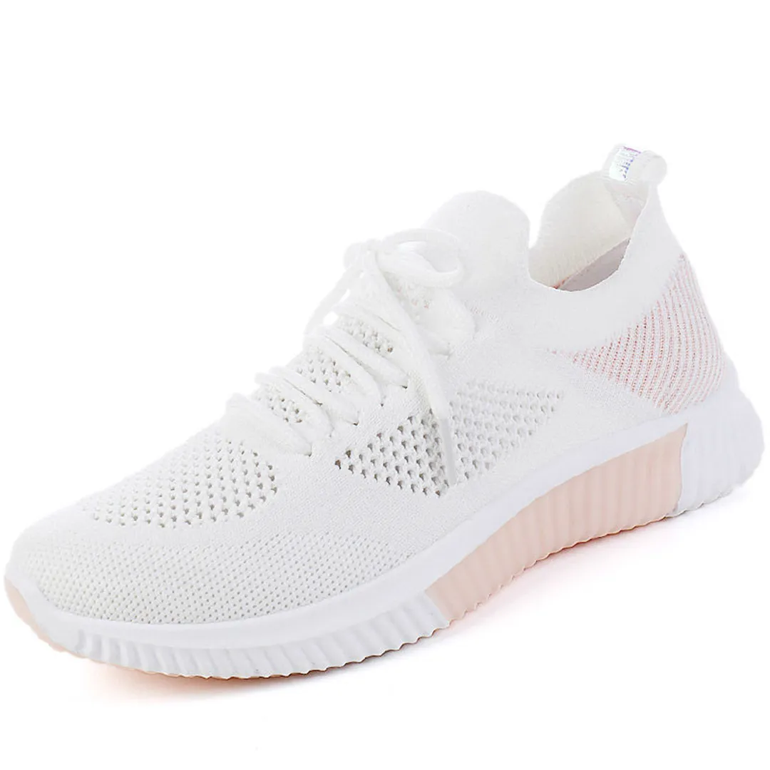 Weißer Sneaker mit gestricktem Obermaterial, atmungsaktivem Design und rosa Akzenten. Ideal für Damen, die bequeme und stilvolle Schuhe suchen.