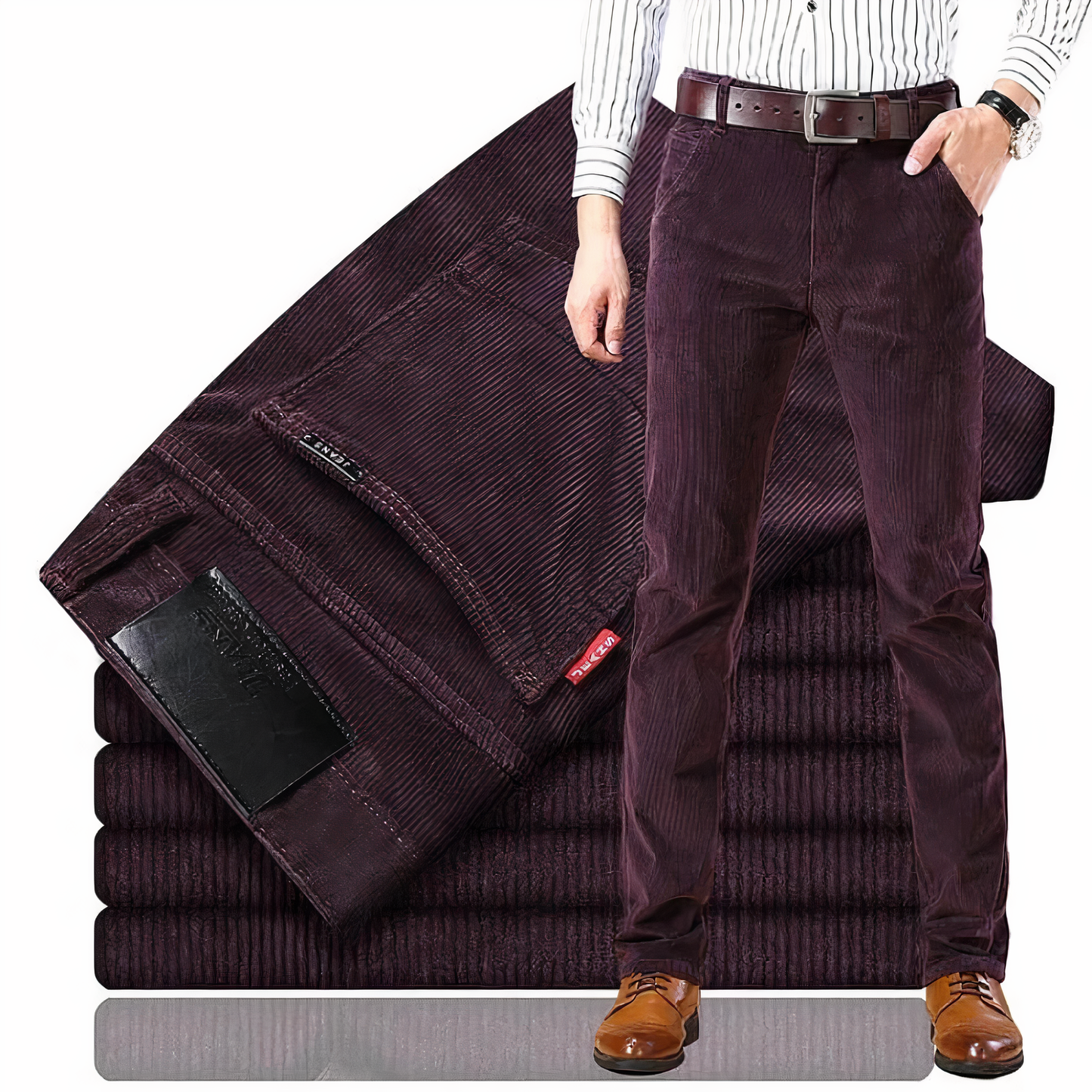 Dunkelrote Cordhose für Herren, elegant, modisch, bequem, ideal für Herbst und Winter.