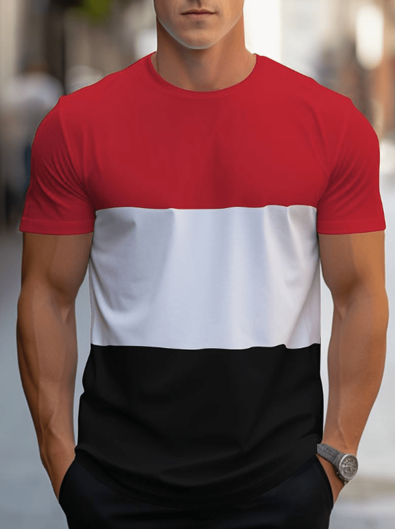 Mann mit rot-weiß-schwarzem T-Shirt, lässige Mode, Baumwolle, Kurzarm, Streetwear.