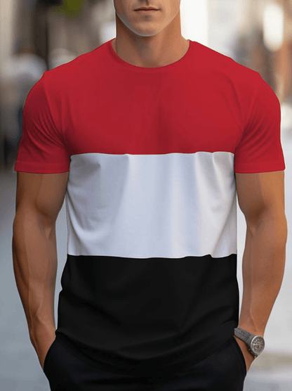 Mann mit rot-weiß-schwarzem T-Shirt, lässige Mode, Baumwolle, Kurzarm, Streetwear.