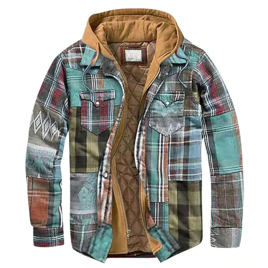 Bunte karierte Herrenjacke mit Kapuze, warm gefüttert, ideal für Herbst und Winter. Modisches Design, vielseitig kombinierbar, hoher Tragekomfort.