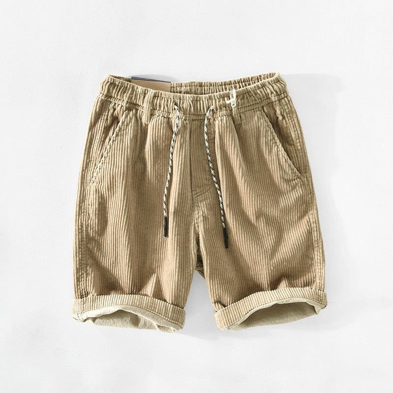 Beige Cord-Shorts für Herren, Kordelzug, Sommermode, lässig, bequem, Baumwolle.