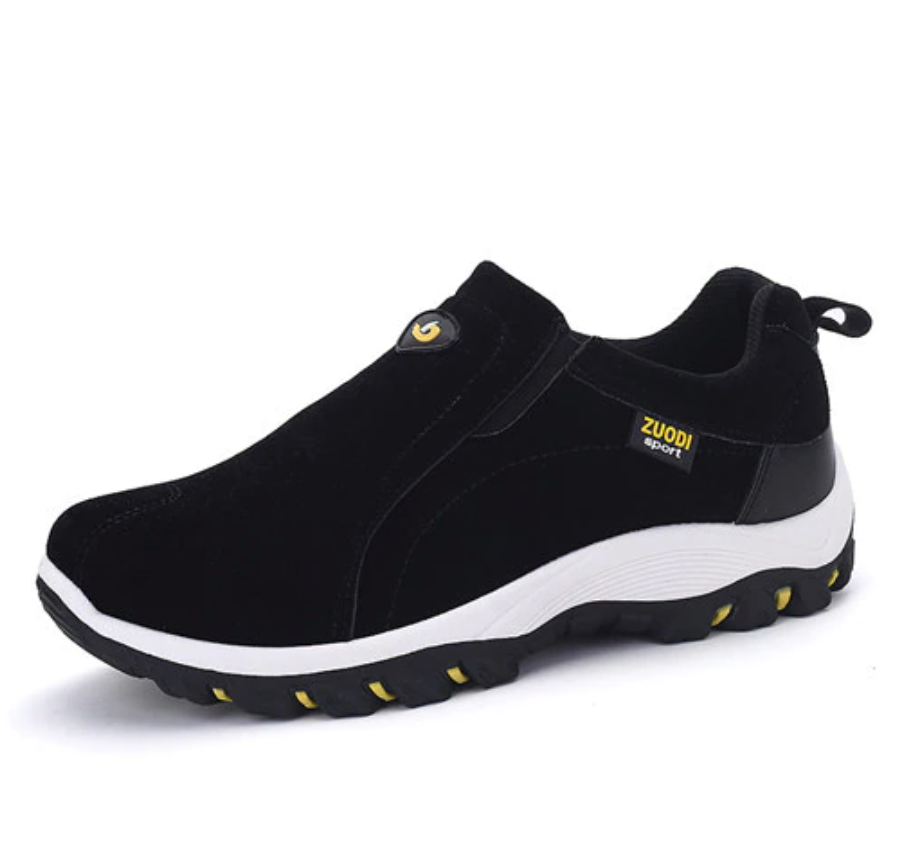 Schwarzer Herren-Sportschuh, rutschfeste Sohle, atmungsaktiv, bequem, für Outdoor-Aktivitäten.