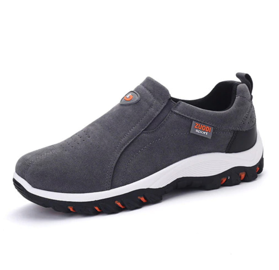 Grauer Herren-Sneaker aus Wildleder, rutschfeste Sohle, sportlich, bequem, modisch.