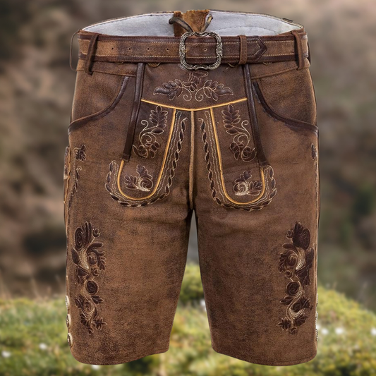 Braune Lederhose mit Stickerei, traditionell bayerisch, Trachtenmode, Oktoberfest, Herrenbekleidung.