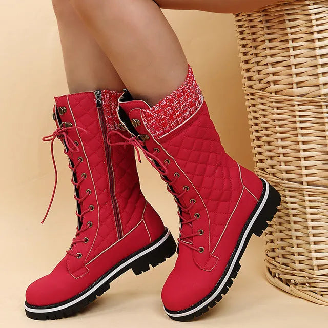 Damenstiefel 2024: Rote, rutschfeste Herbststiefel, mittellang, mit Schnürung und Reißverschluss. Bequem, modisch, große Größen verfügbar.