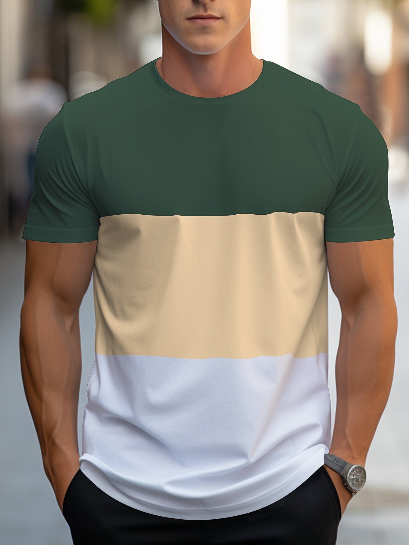 Männer T-Shirt, grün-beige-weiß, Kurzarm, Baumwolle, lässig, modisch, Streetwear.